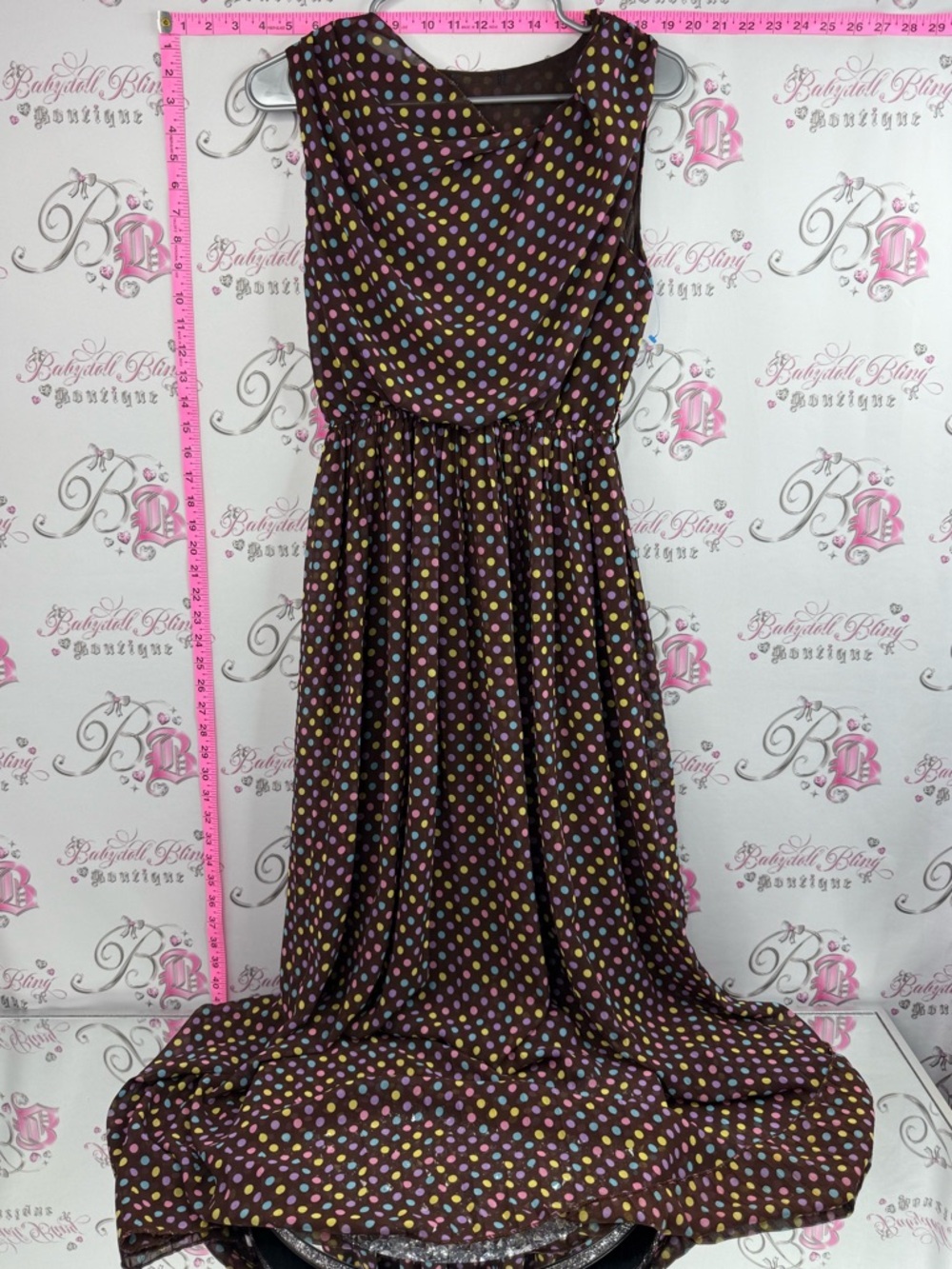 Dress Classic Polka Dot Sleeveless Midi Dress - Brown with Multi-Colored Dots